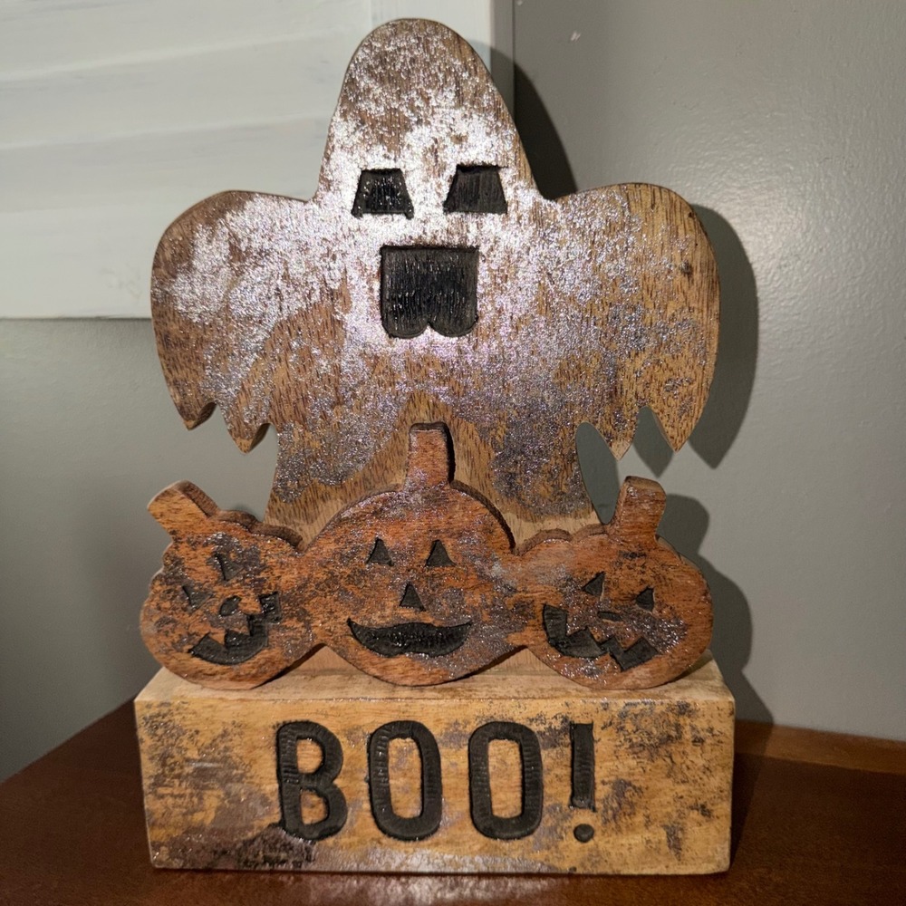 Unbranded Halloween Sign Home Decor OS Brown Wood Ghost Pumpkin Boo Rustic Sign
